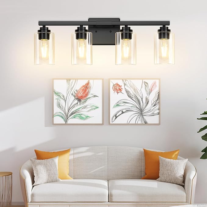4-Light Bathroom Light Fixtures, 27" Modern Vanity Lights Over Mirror with Clear Glass Shades, Matte Black Light Fixture, Classic Wall Light Fixture for Mirror Living Room Cabinet Bedroom Porch