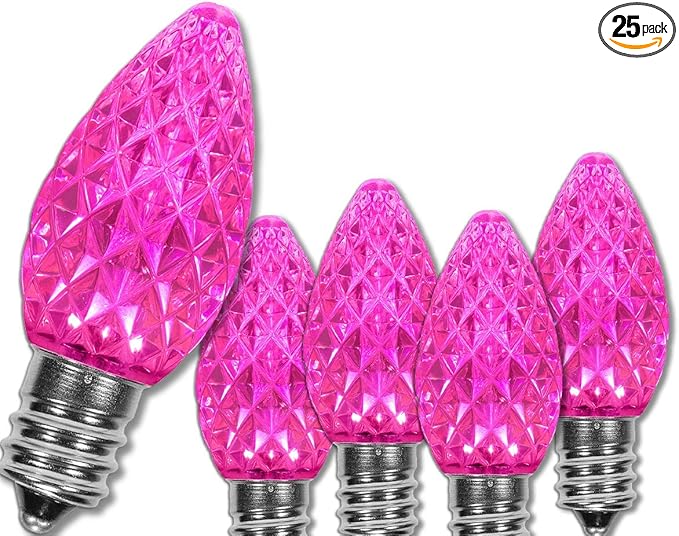 Wintergreen Lighting OptiCore C7 LED Christmas Light Bulbs - 25 Pack Heavy Duty Premium Outdoor Christmas Lights, E12 Base (Pink Faceted)