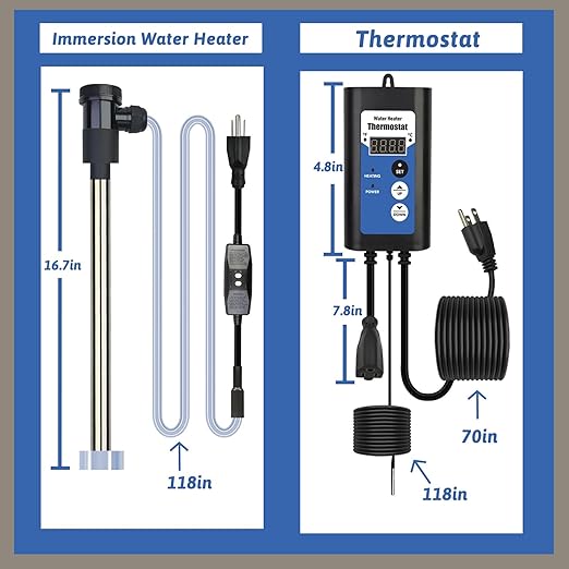 2000W Immersion Water Heater Portable Electric Bathtub & Pool Fully Submersible Water Heater with Temp Control, GFCI for Hot Tub, Bucket, Swimming pool, above ground pool, baptistry & spa tub