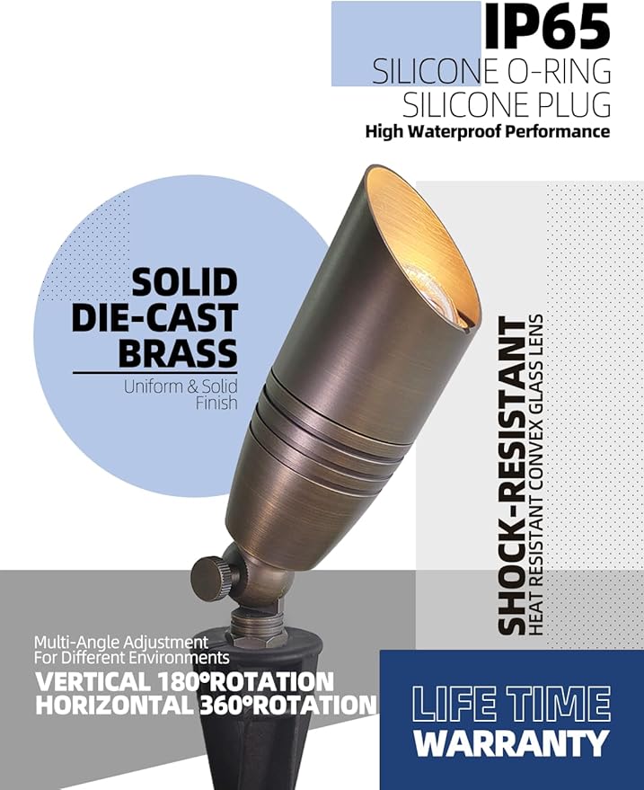 MALORY Brass Landscape Spot Lights 1-Pack Without Bulb(S02), Low Voltage 12V AC/DC Outdoor Spotlights for Yard,Landscape Lighting for Garden and Patio,PVC Ground Stake and Wire Connector Included