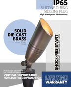 MALORY Brass Landscape Spotlights 10-Pack with Bulb Kit(S02), Low Voltage 12V AC/DC LED Outdoor Spot Uplights for House and Tree,PVC Ground Stake and Wire Connector Included, 5W 2700K Warm White