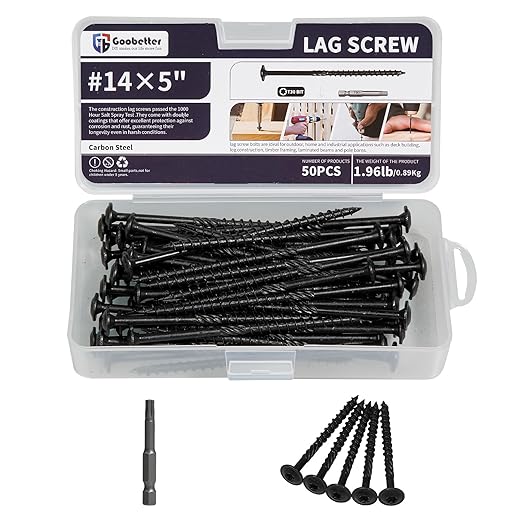 Lag Screws 5 Inch, 50PCS Heavy Duty Construction Screw, Structural Wood Screw #14 x 5, Rust Resistant, Washer Head, Black Coated Exterior Wood/Lag Screws Hex Socket Included