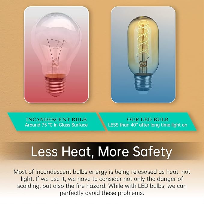 AMDTU Edison Bulbs 25 Watt E26 Base, Super Thin Spiral Filament Non-Dimmable, 25W Tubular Incandescent Light Bulb Replacement Soft Warm 2200K, T45 Amber Glass Retro LED Bulb 4W, 8 Pack