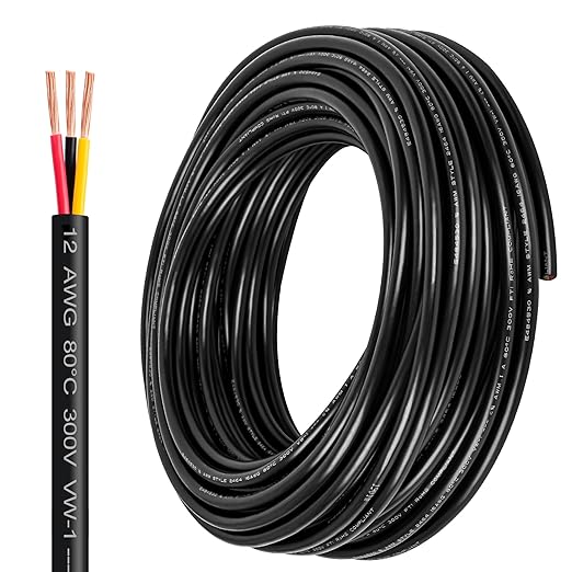 12 Gauge Wire 3 Conductor,12 AWG Electrical Wire Stranded PVC Cord Oxygen-Free Copper Cable,26FT 3 Core Pure Copper Flexible Cable Wire for LED Lamp Lighting Strips Automotive (12AWG-3C, 26FT)…