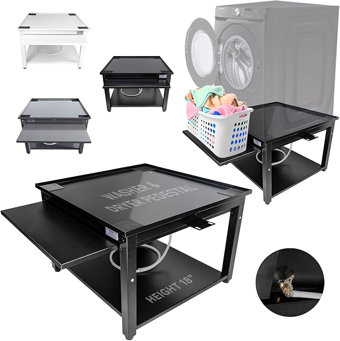 Washer and Dryer Pedestals with Pullout-Shelf - 28" W, 18" H, Black Steel Universal Fit with Major Brands | Laundry Pedestal with Drain Pan & Hose | Washer Stand for Back Pain Relief, 800 lbs Capacity