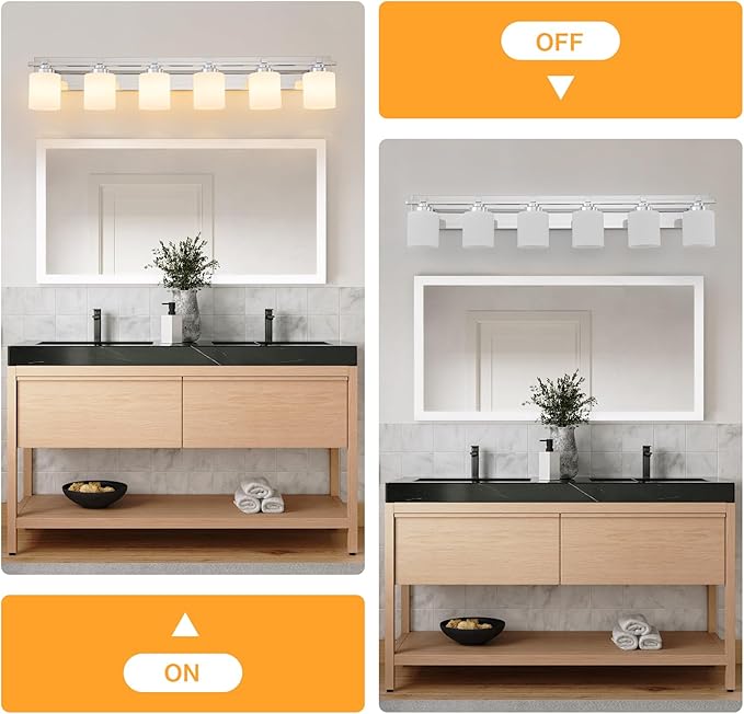 6 Light Modern Bathroom Light Fixtures Over Mirror, Chrome Vanity Lights for Bathroom Wall Sconces with Milky White Glass Shades, E26 Socket (Bulbs Not Included)