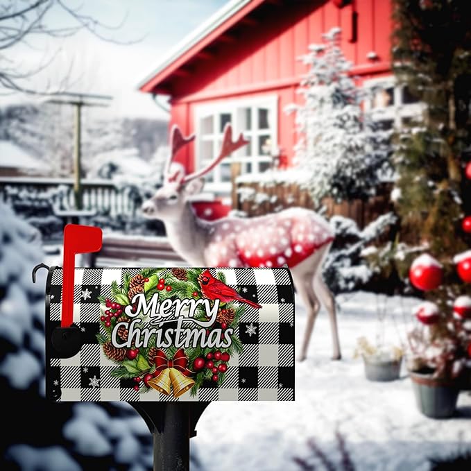 Merry Christmas Mailbox Covers Magnetic Standard Size Winter Buffalo Plaid Mailbox Post Cover Xmas Snowflake Mailbox Wraps Holiday Mailbox Decor Waterproof 21 X18 Inch