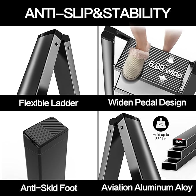 GameGem 2 Step Ladder, Aluminum Folding 2 Step Stool with Anti-Slip Sturdy and Wide Pedal, Lightweight Portable Stepladder for Home and Kitchen Use Space Saving, Black, 330 lbs