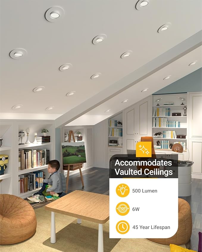 Sunco 6 Pack Adjustable Recessed Lighting 3 Inch LED, Angled Directional Eyeball Canless Gimbal, 500 LM, Selectable CCT 2700K/3000K/4000K/5000K/6000K, Dimmable, 6W, with Junction Box ETL