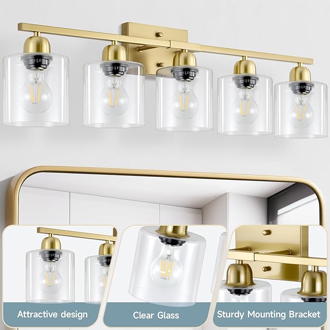 Modern Brushed Gold 5 Light Bathroom Vanity Light,31 inch Vanity Lights for Bathroom with Clear Glass for Mirror Kitchen Living Room Hallway Cabinet Porch