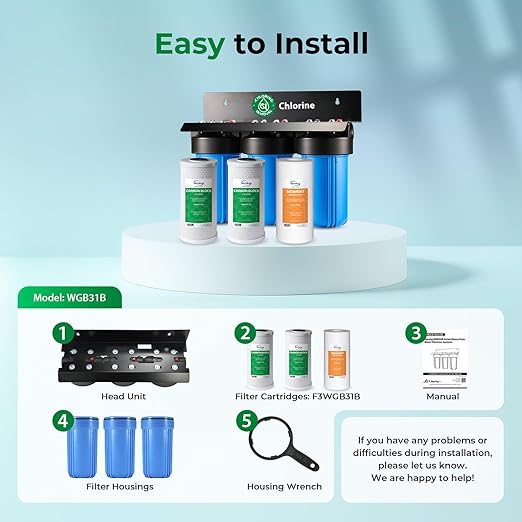 iSpring Whole House Water Filter System, Reduces up to 99% Chlorine, Sediments, Taste, Odor, 3-Stage w/ 10-Inch Sediment and Carbon Block Filters, Model: WGB31B, 1" Inlet/Outlet