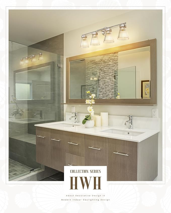 4-Light Bathroom Vanity Light Fixtures, HWH Brushed Nickel Bathroom Vanity Lighting Modern Vanity Light Over Mirror with Clear Striped Glass Shade, 5HZG97B-4W BN
