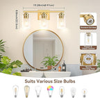 3-Light Bathroom Light Fixtures, 19" Modern Vanity Lights Over Mirror with Clear Glass Shades, Gold Light Fixture, Classic Wall Light Fixture for Mirror Living Room Cabinet Bedroom Porch