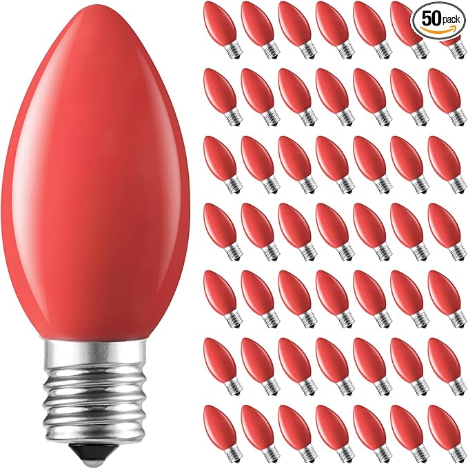 Brightown C9 LED Replacement Christmas Bulbs, 50 Pack Red Shatterproof C9 Bulbs, Waterproof Commercial LED Holiday Bulb for Christmas String Light, E17 Intermediate Base, Dimmable