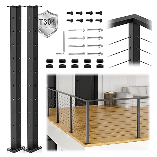 2Pack 36" T304 L-drilled Cable Railing Corner Posts(35"x2"x2") with Cable Grommets, 90° Drilled Fixed Top Mount Heavy Duty Stainless Steel Black Finish for Deck Patio Wooden Concrete Floor