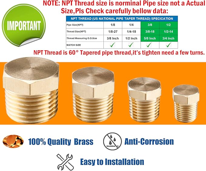 WHK 24 PCS Brass Hex Pipe Plug Fittings Kits,Brass Plugs Fitting Assortment 1/8" 1/4" 3/8" 1/2" NTP Brass Plug Male Threaded