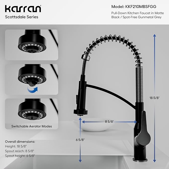 Karran Scottsdale Commercial Style Pull-Down Kitchen Faucet with Sprayer, Matte Black and Spot-Free Gunmetal Grey, High Arc Single Handle Pre-Rinse Spring Faucet