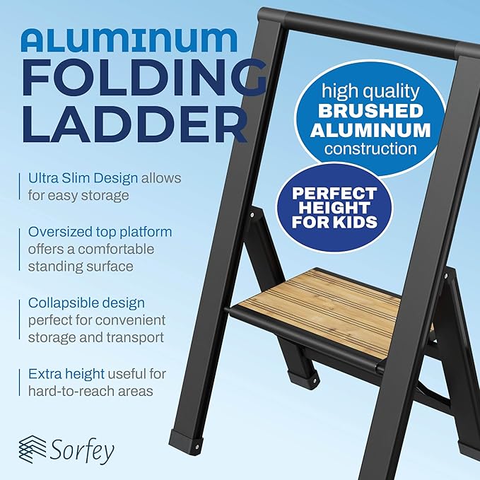 Step Ladder 1 Step Folding, Decorative - Beautiful Bamboo & Black Aluminum, Ultra Slim Profile, Anti Slip Steps, Sturdy-Portable for Home, Office, Kitchen, Photography Use,by SORFEY