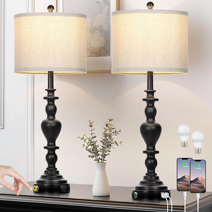 Farmhouse Table Lamps Set of 2, 27" Black Vintage Bedside Lamps with USB A+C Charging Ports, 3-Way Dimmable Touch Control Rustic Nightstand Lamp for Living Room Office(Bulbs Included)