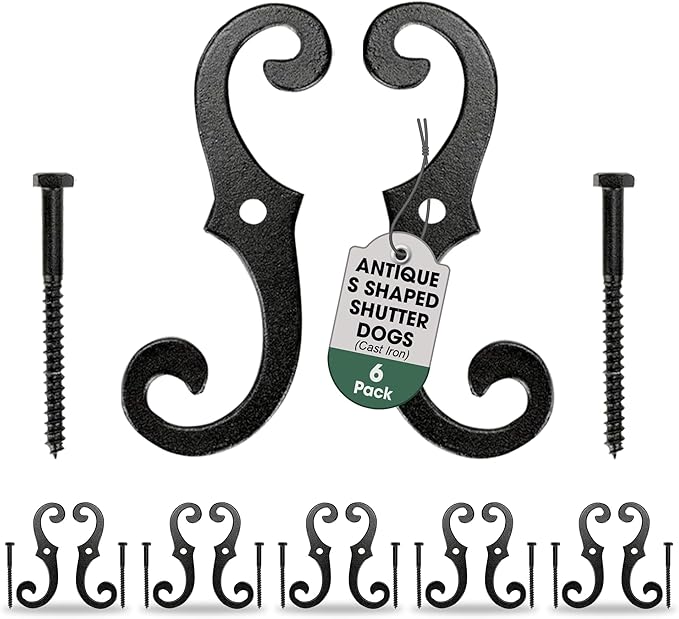 Renovators Supply Cast Iron Shutter Fasteners - Decorative S Style Shutter Dogs Hardware - Rust Resistant Powder Coated External Shutter Tieback Including Mounting Screws - 6.5 Inches, Pack of 6