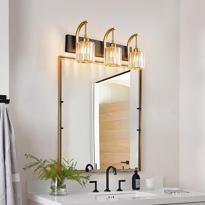 3-Light Crystal Vanity Light, Modern Black Gold Bathroom Wall Sconce with K9 Crystal Shades, 23.62" Long Over Mirror Lighting for Vanity, Makeup, Hallway, Elegant & Durable