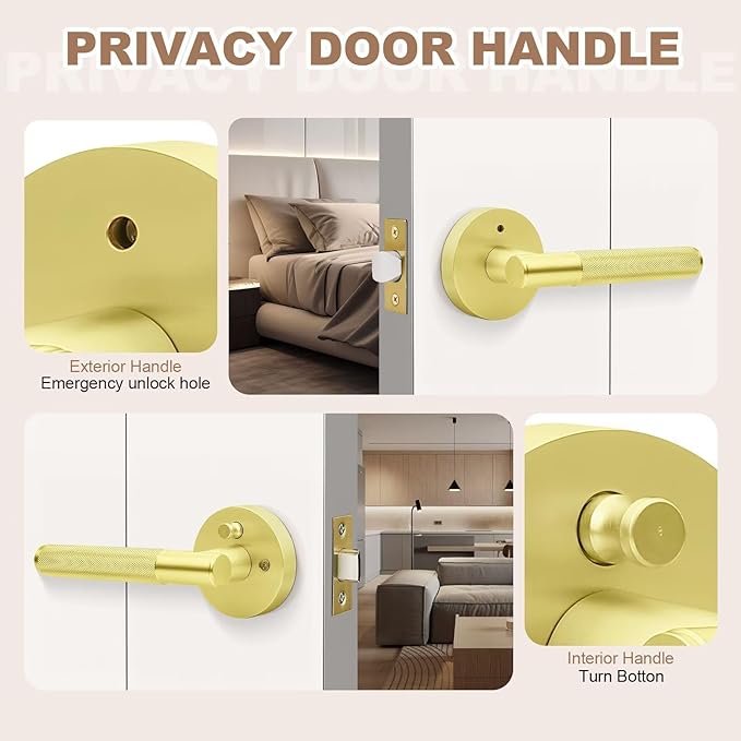 6 Pack Brushed Gold Door Handles, Modern Privacy Interior Door Lever with Lock, Round Knurled Door Knobs for Bedroom and Bathroom, Reversible for Right & Left Side