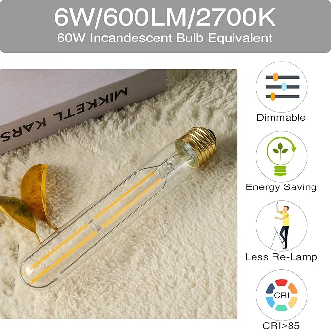 T10 Led Bulb,Dimmable LED Bulb 6W,E26 Tubular Light Bulb 60 Watt,Warm White 2700K,E26 Edison,AC120V,600lm Tube T9 T10 LED Light Bulb for Rustic Pendant,Chandeliers,Wall sconces 6-Pack
