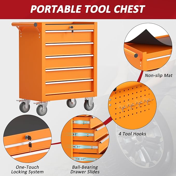 5 Drawers Rolling Tool Chest with Wheels, Portable Rolling Tool Boxes with Wheels, Tool Box Storage Cabinet with Locking System for Garage (Orange, 5 Drawers)