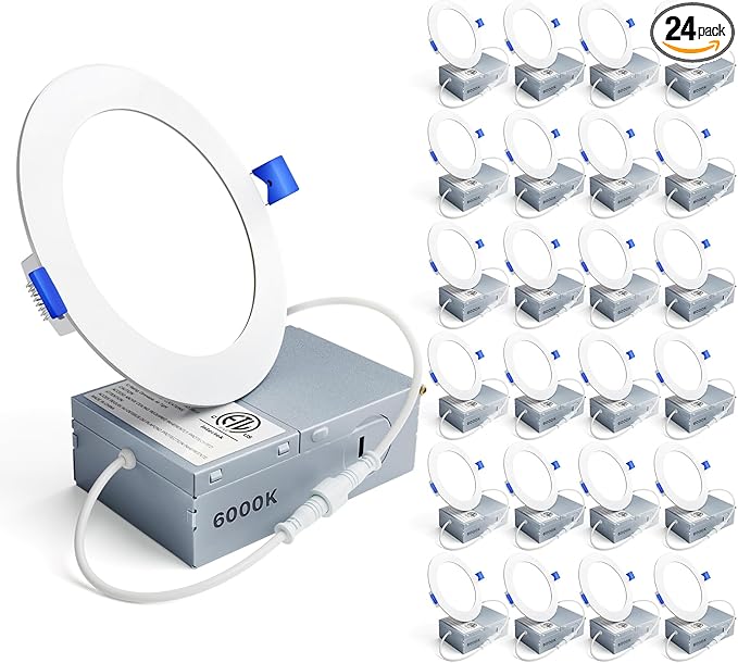 Ensenior 24 Pack 4 Inch Ultra-Thin LED Recessed Ceiling Light with Junction Box, 6000K Clear White, 9W 75W Eqv, Dimmable Can-Killer Downlight, 750LM High Brightness - ETL