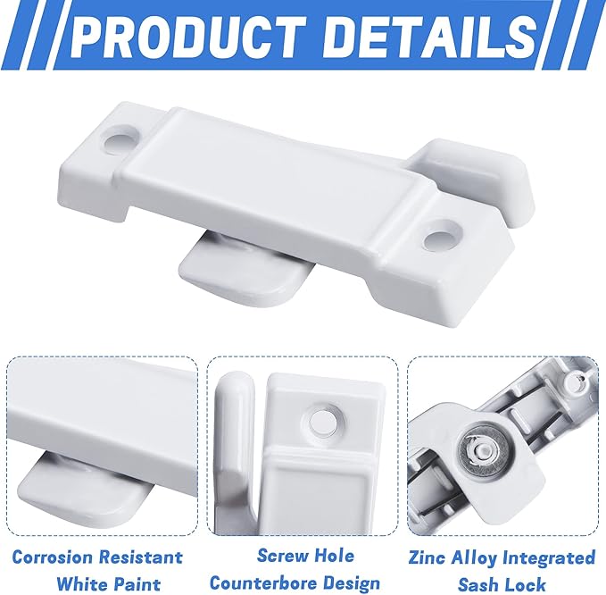 8 Pcs F2590 Windows Replacement Sash Lock-2-1/4'' Mounting Hole Centers Sash Lock with Screws-White Sash Lock for Vertical Sliding Windows Double Hung Windows