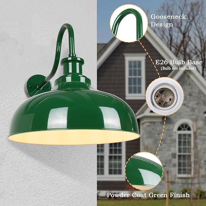 Outdoor Gooseneck Barn Lights, 14 Inch Dome Rustic Outdoor Wall Sconces, Farmhouse Exterior Wall Mount Lighting Fixture, Industrial Green Wall Lantern for Porch, Entryway, Garage, RZ007M-2 GR+WH