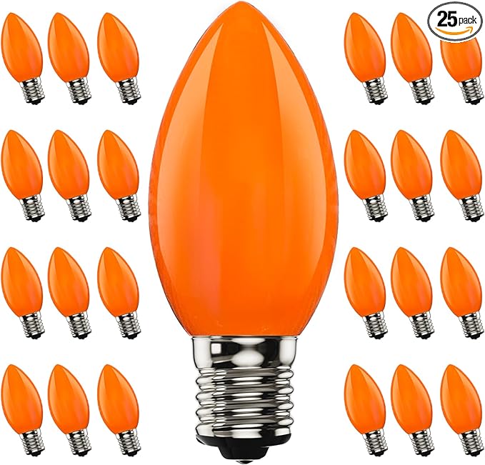25 Pack Halloween LED Light Bulb,C9 Plastic Orange LED Bulbs for Halloween Decoration Light,C9/E17 Candelabra Base 0.6 Watt Great for Outdoor Indoor Night Lights Holiday Halloween Christmas Decor