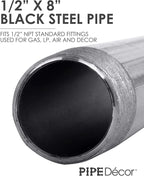 PIPE DÉCOR 1/2” x 8” Malleable Cast Iron Pipe Nipple, Pre Cut Connectors, Industrial Steel Grey Fits Standard Half Inch Black Threaded Pipes Nipples and Fittings, Build Vintage DIY Furniture, 6 Pack