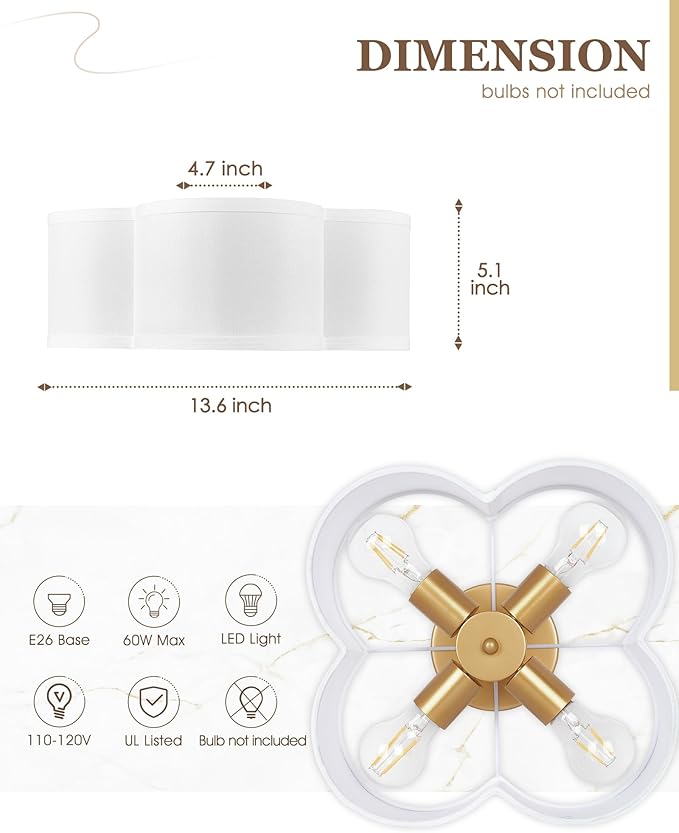 Gold Flush Mount Ceiling Light, 4-Light 14Inch Light Fixtures Ceiling Mount with Fabric Shade in Quatrefoil Shape, Brass Lighting for Nursery Hallway Bedroom Kitchen, AD-22007-4C-GD