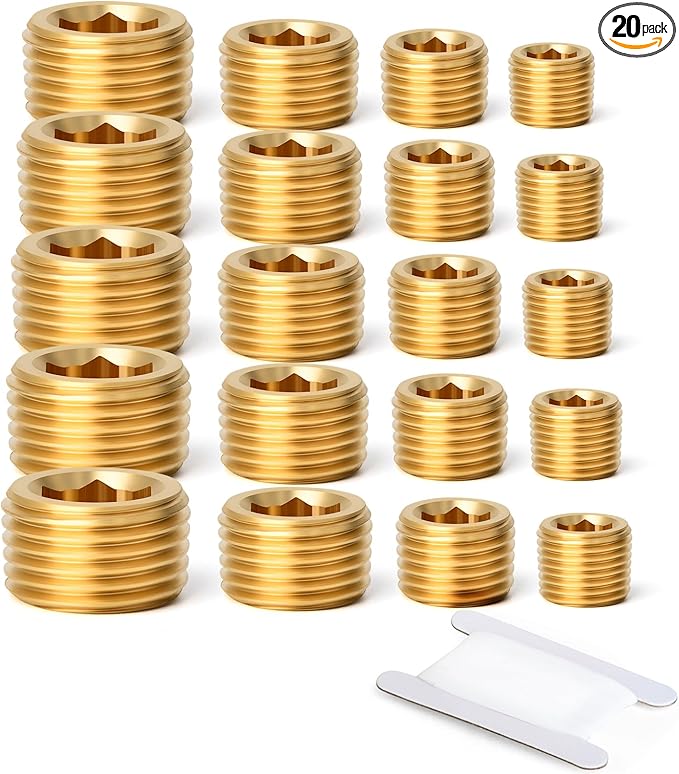 GASHER 20Pcs Brass Pipe Fitting,1/8" 1/4" 3/8" 1/2" NPT Brass Internal Hex Thread Socket Pipe Plug Set