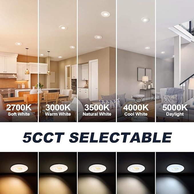 4 Pack White 3-inch 5 CCT Gimbal LED Recessed/Downlight Color Selectable 2700K/3000K/3500K/4000K/5000K 800Lm 10W 120V Dimness Adjustable LED Lights