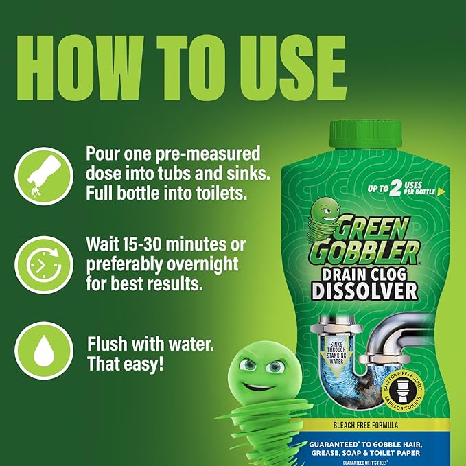 Green Gobbler Liquid Hair Drain Clog Remover & Cleaner, For Toilets, Sinks, Tubs - Septic Safe (6)