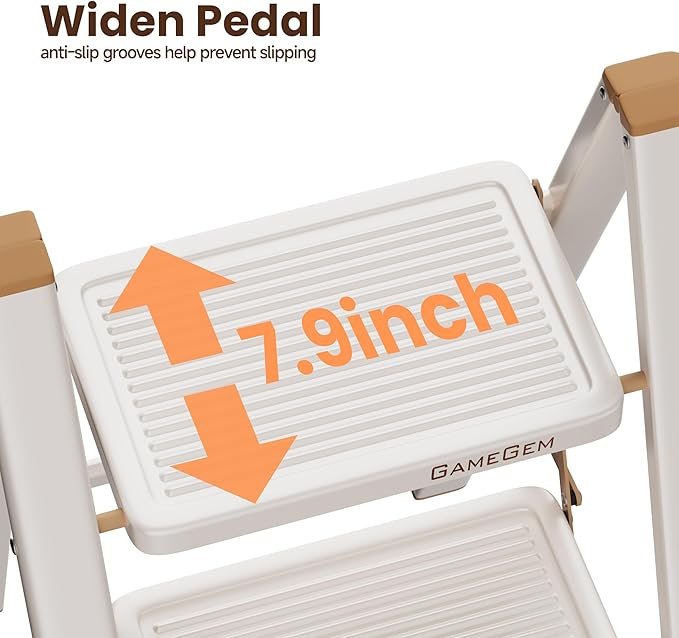 GameGem 3 Step Ladder, Foldable Step Stool with Anti-Slip Pedal, Portable Iron Stepladder for Home and Kitchen, Easy to Store-Cream Chocalate(300LBS)