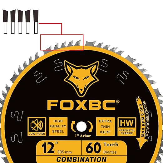 FOXBC 12 Inch Combination Miter Saw Blade, 60-Tooth, Wood Cutting with 1 Inch Arbor