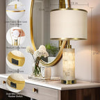 27" Natural Alabaster Table Lamps Set of 2, Lamps for Living Room Bedroom,Bedside Lamps with Night Light,Nightstand Lamp with USB A+C Ports,Modern Table Lamp with Linen Shade (Bulbs Included)