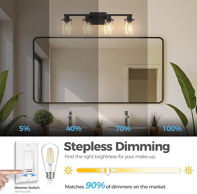 DORESshop Bathroom Light Fixtures, 4-Light Black Bathroom Lighting Fixtures Over Mirror with Glass Shade, Modern Vanity Lights for Hallway Bedroom, Includes Bulbs