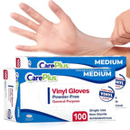 CARE PLUS Vinyl Gloves Clear Medium Size 200 Count | Heavy Duty, Non-Sterile, Powder-Free, Latex-Free Rubber | Food Prep, Kitchen & Cleaning Gloves, Ideal for Professional Use