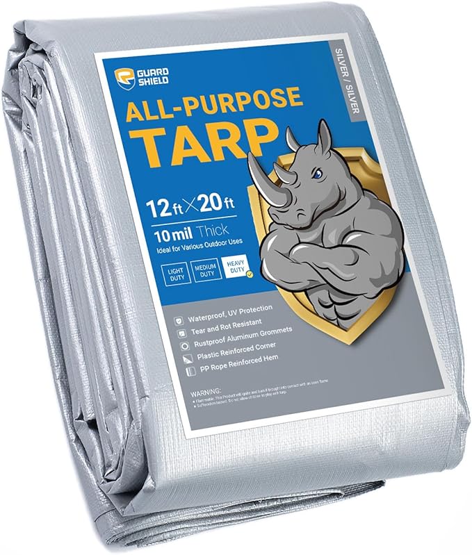 GUARD SHIELD Heavy Duty Tarp 12x20 Feet Silver Multi Purpose Thick Waterproof Poly Tarp Cover 10mil
