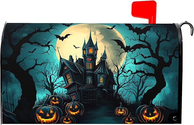 Halloween Mailbox Covers Magnetic Spooky Pumpkin Castle Bat Scary Night Happy Halloween Seasonal Holiday Post Letter Box Cover Standard Size 25.5x21 Inch for Garden Yard Decor