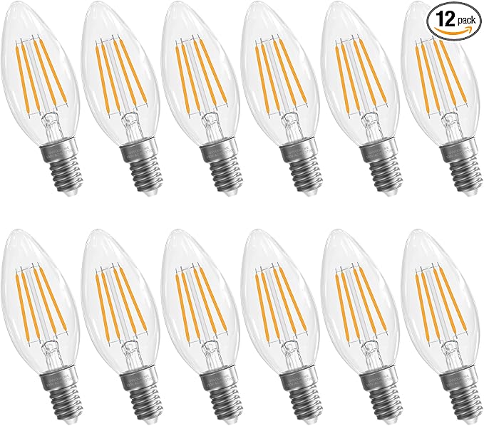 E12 Candelabra Bulb 2700K Soft White, 6W Equivalent to 60 watt, E12 LED Bulb Non-Dimmable, Chandelier Light Bulbs, B10 Candle Light Bulbs, 90+CRI, 600LM, Cear Glass, 12 Pack