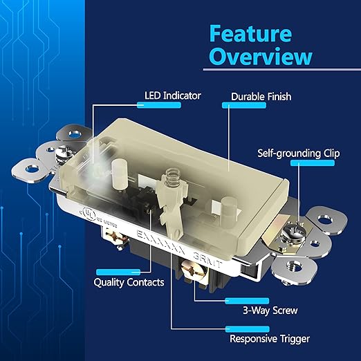 LIDER Minimalist Design Matte Finish Lighted Decorator Switch, Frameless Paddle Light Switch with Locator Light, Grounding Screw, 3-Way or Single Pole, 15A 120V, UL Listed, LS15-3W-I5P, Ivory, 5 Pack