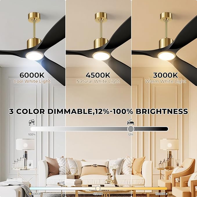 60" Smart Ceiling Fan with Lights,Outdoor Ceiling Fan Work with Alexa/Gg/App/Remote,3-Color Light Dimmable 6-Speed Quiet Reversible for Patio Porch Bedroom,Black and Gold
