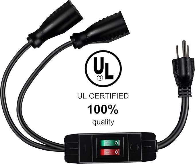 2 Way Extension Cord with On/Off Switch, 3 Prong Outdoor Extension Cord Splitter, Heavy Duty SJTW 14AWG 15A/125V and 18AWG 10A/125V Power Cord (1.6 Ft, Black)