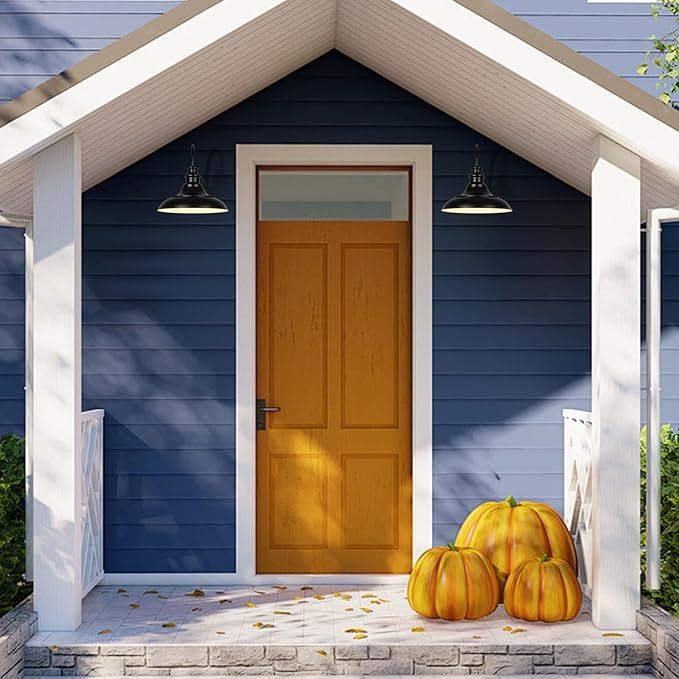 Outdoor Barn Light Fixture, 12.3 Inch Large Dome Farmhouse Exterior Wall Mount Light, Gooseneck Wall Sconce Indoor Wall Lighting Fixture, Industrial Black White Finish Lantern for Porch, RZ004 BK+WH