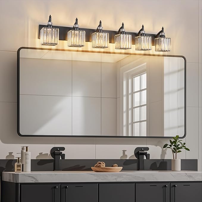 Crystal Vanity Lights - Black, 6 Light Bathroom Vanity Light with Crystal Fixture, Modern Style for Bathroom Mirror